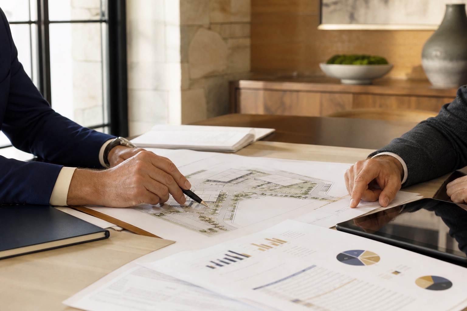 Financing specialist and business owner reviewing a commercial property plan