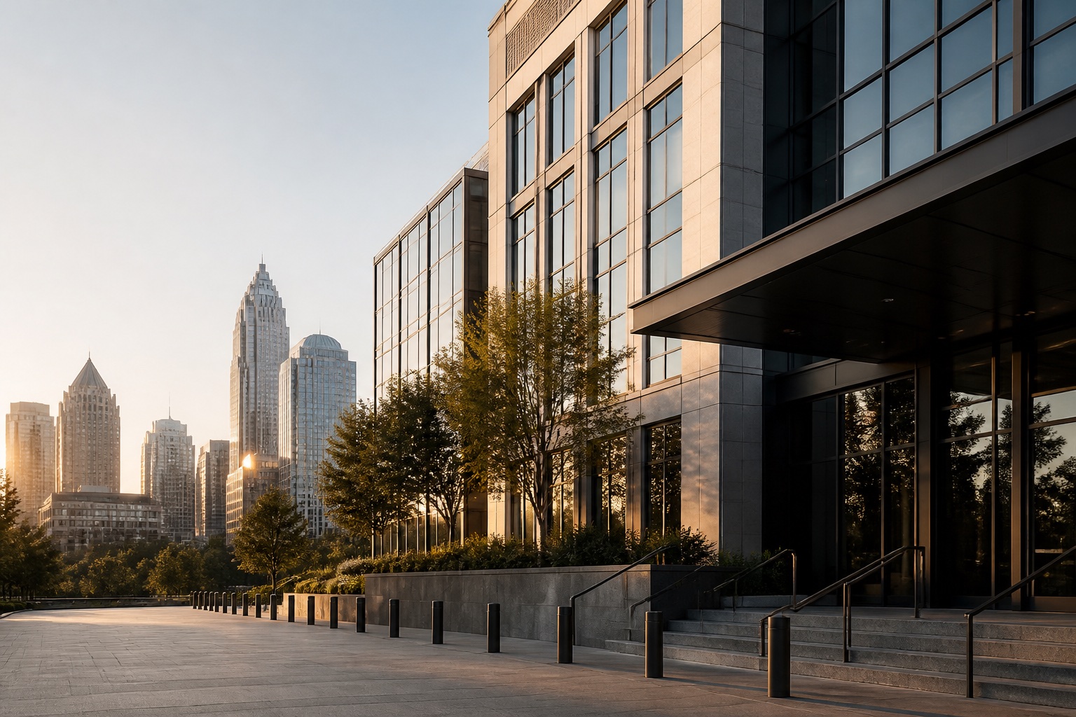 Contemporary commercial property in an urban business district at sunrise